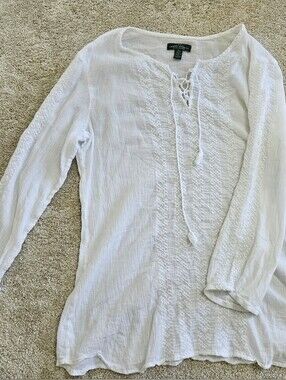 Ralph Lauren White Lace-Up Gauze Peasant Top